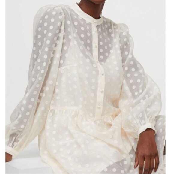 NWT H&M Sheer Ivory Cream Grace Kelly Neck Polka Dot Dress Sz M - Picture 2 of 10